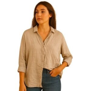 Zara Sz S Button Down 100% Linen Blouse 3/4 Sleeve Minimalist Boho Beach Coastal